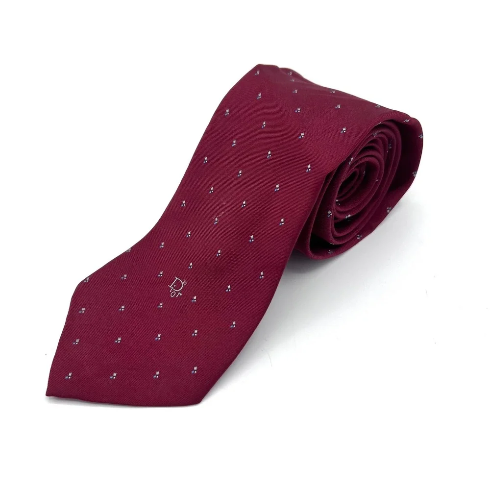 Christian Dior Mens Silk Blend Burgundy Geometric Logo Necktie Woven Italy Vtg